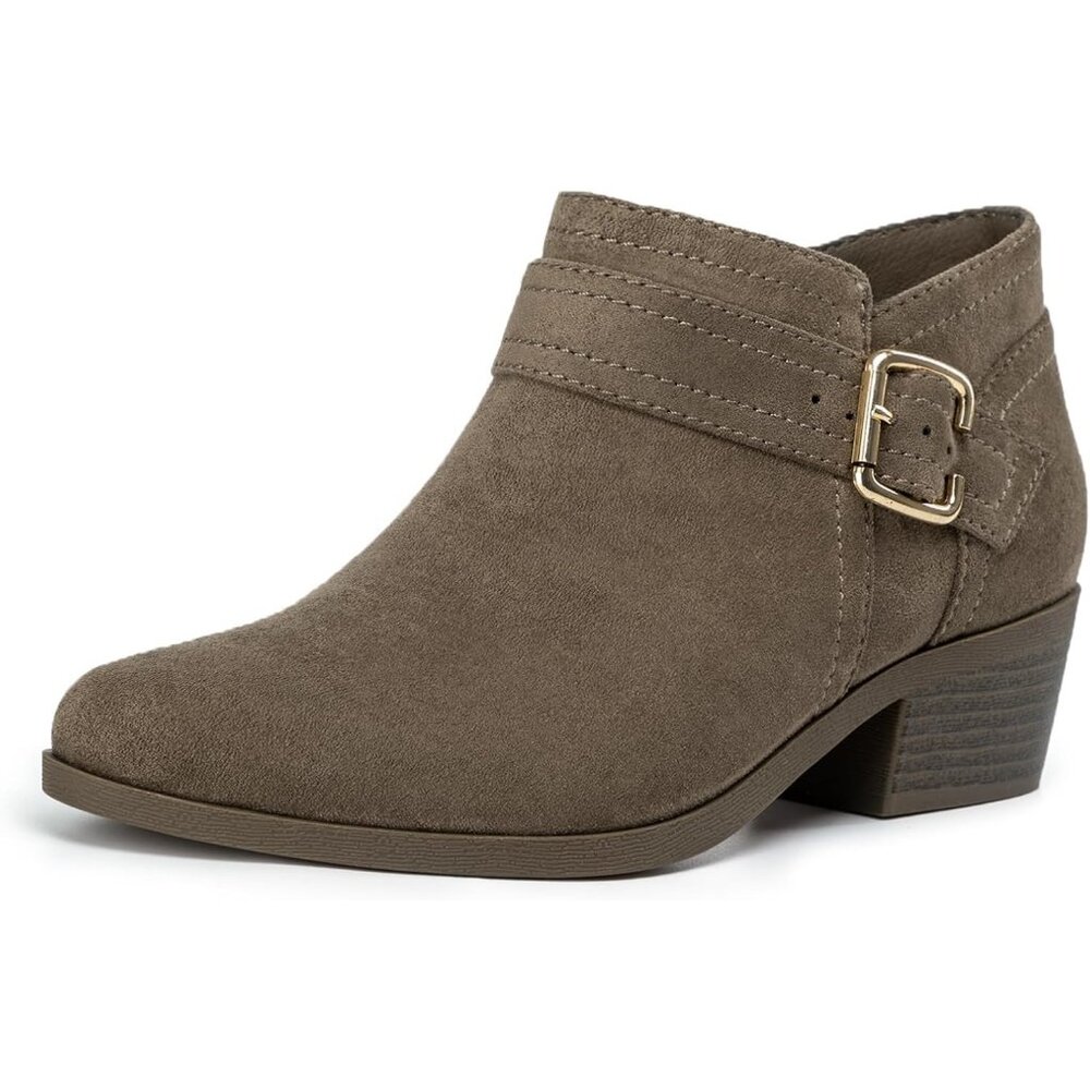 Women's Chunky Low Heel Ankle Boots Pointed Toe Side Zipper Booties Taupe Suede - Picture 2 of 7